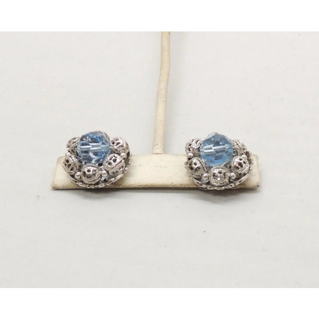 1960s Vintage 1960s Signed Napier Rhodium Plated Blue Bead Clip Earrings, 2 Pieces For Sale - Image 5 of 7
