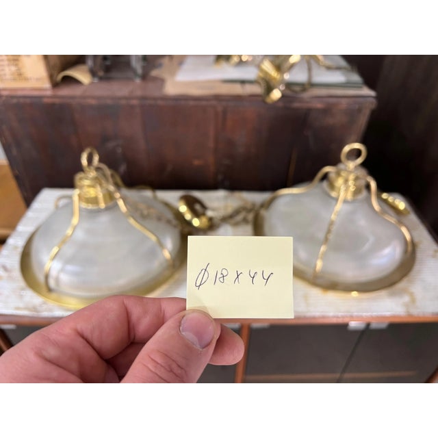 1970s Pair of Round Brass Ribbed Glass Long Chain Light Fixture Pendants MCM For Sale - Image 5 of 12