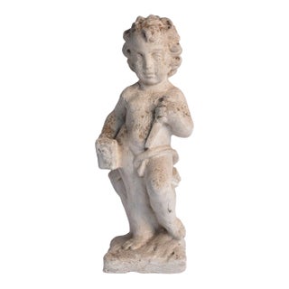 18th Century Limestone Boy Figural Garden Sculpture Holding Hammer and Railroad Nail Spike For Sale
