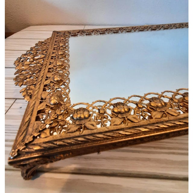 Glass Hollywood Regency Brass Floral Vanity Dresser Mirror For Sale - Image 7 of 11
