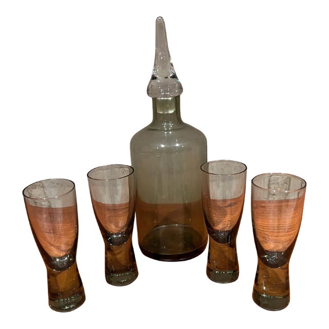 Mid-Century Modern Smoke Glass Decanter Set With Four Shot Glasses Scandinavian For Sale
