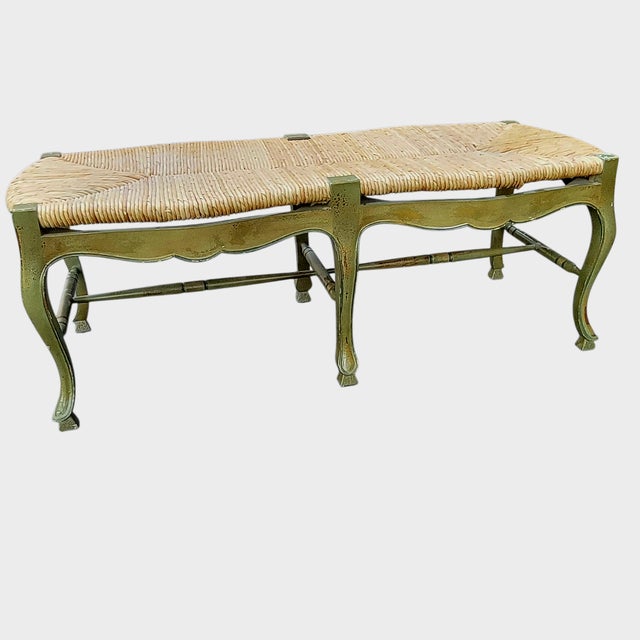 Charning Vintage c 1930s French Provencial Bench With Rush Seat. Well Worn with Original Green Painted Wooden Frame with...