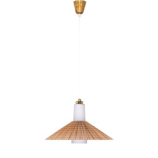 Pendant in Opal Glass, Lamellar Aspen Wood and Brass by Paavo Tynell for Idman, 1950s For Sale