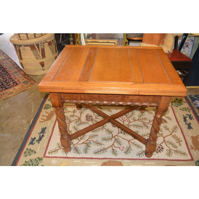 Early 1900’s English Oak Barley Twist Draw - Leaf Dining Pub / Tavern Extending Table For Sale - Image 4 of 16