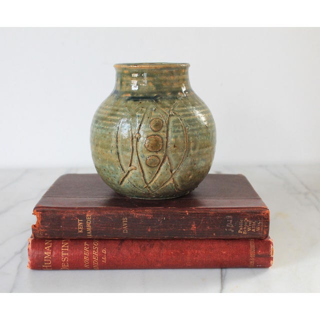 Mid 20th Century Vintage Textured Studio Art Pottery Vessel Signed For Sale - Image 5 of 9