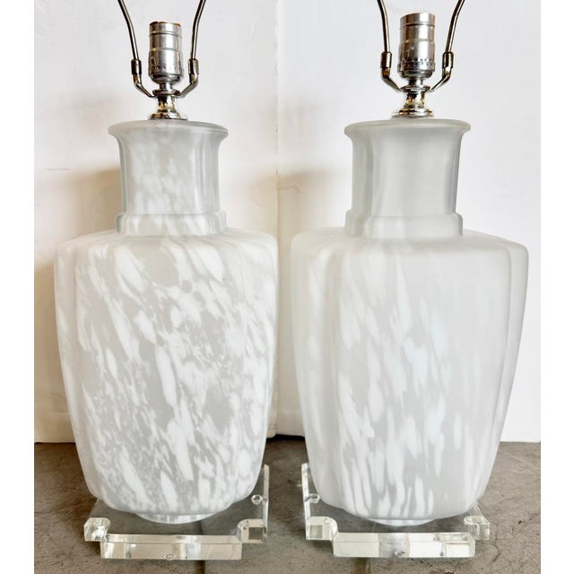 White 1980s Frosted Mottled Murano Style Glass Table Lamps - A Pair For Sale - Image 8 of 9