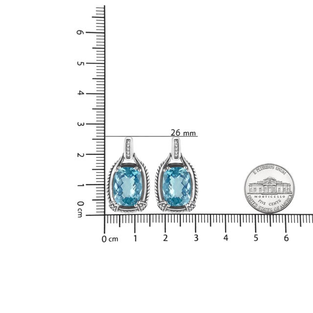 .925 Sterling Silver 14x10MM Cushion Cut Blue Topaz Gemstone and Diamond Accent Dangle Earring (I-J Color, I1-I2 Clarity) For Sale In New York - Image 6 of 6