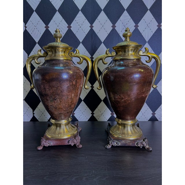 1970s Grand Neoclassical Patinated Metal Urns With Gilt Scroll Handles, Pair, 16" For Sale - Image 12 of 15