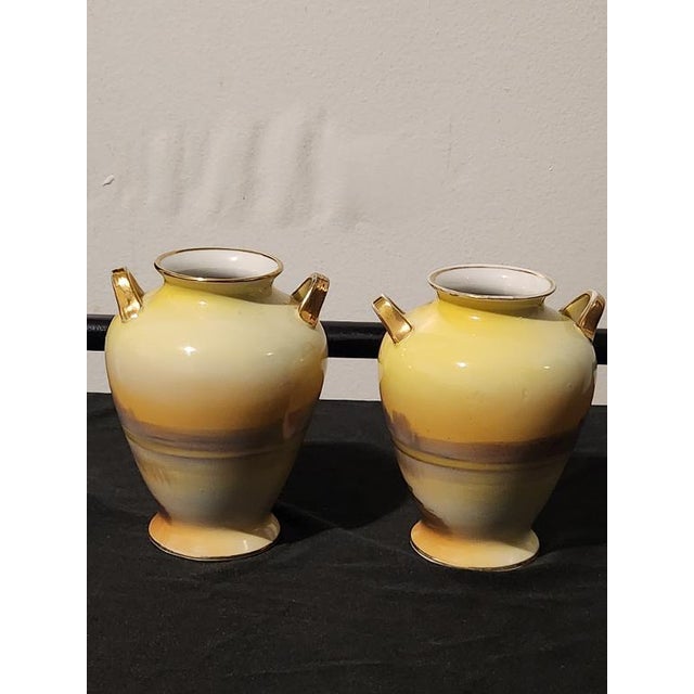 Art Deco Antique Noritake Hand-Painted 6.5" Mantel Vases - Pair | "Tree in the Meadow" With Gilded C-Scroll Handles, C. 1920s For Sale - Image 3 of 8