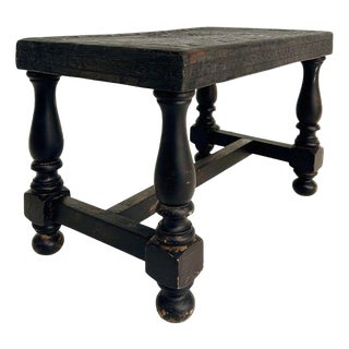 Early 20th Century Aztec Tooled Leather Wood Bench, Greek Key Design For Sale