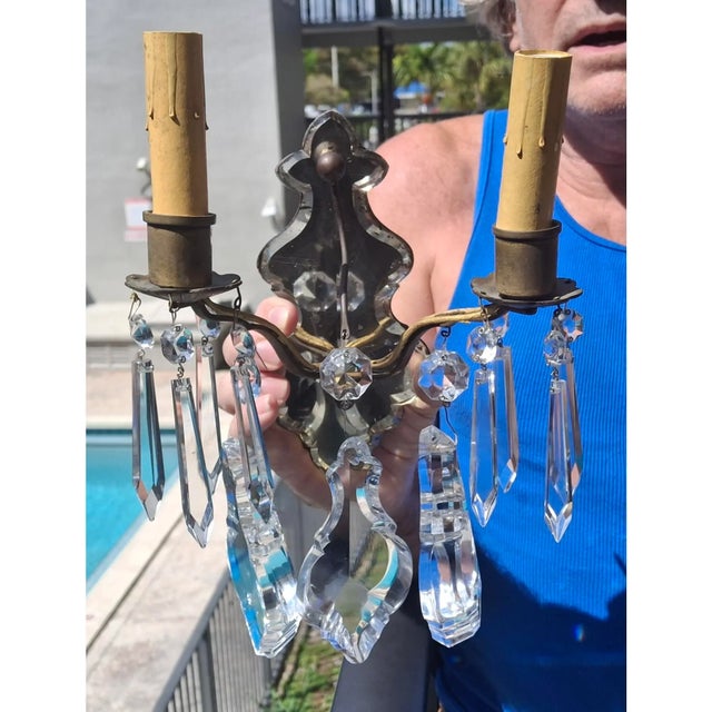 C1900 French Louis XV Bronze Mirror Back Thick Crystal Pendalogue Sconces Signed Ef Caldwell a - Pair For Sale - Image 15 of 18