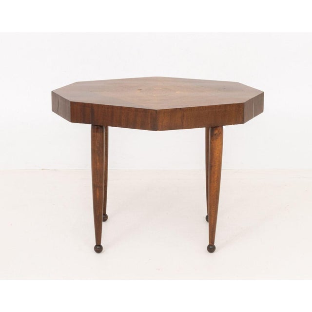 Art Deco Marquetry Side Table, with multi-wood inlay floral motif decoration to top. 21.5" H x 29.5" W x 21.25" D....