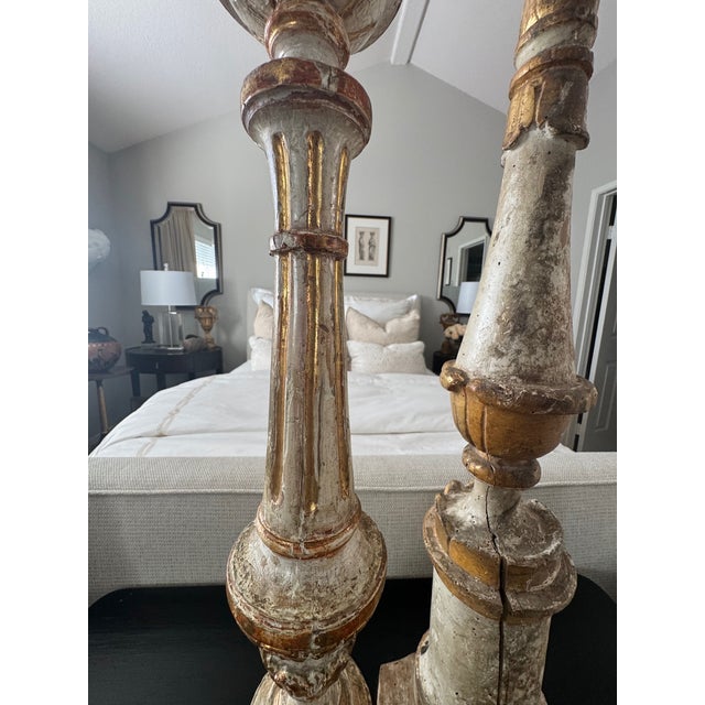 Pair of Antique Italian Painted Wood Candlesticks With Aged Patina For Sale - Image 13 of 15