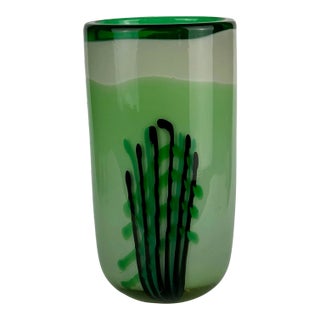 Original Signed Bruce Pizzichillo Pistachio Green Hand Blown Art Glass Vase With Cactus Illustration C1979 For Sale