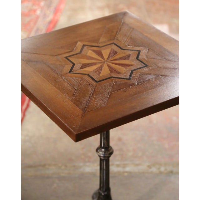 French 19th Century Napoleon III Polished Iron Bistrot Table With Oak Parquet Top For Sale - Image 3 of 8