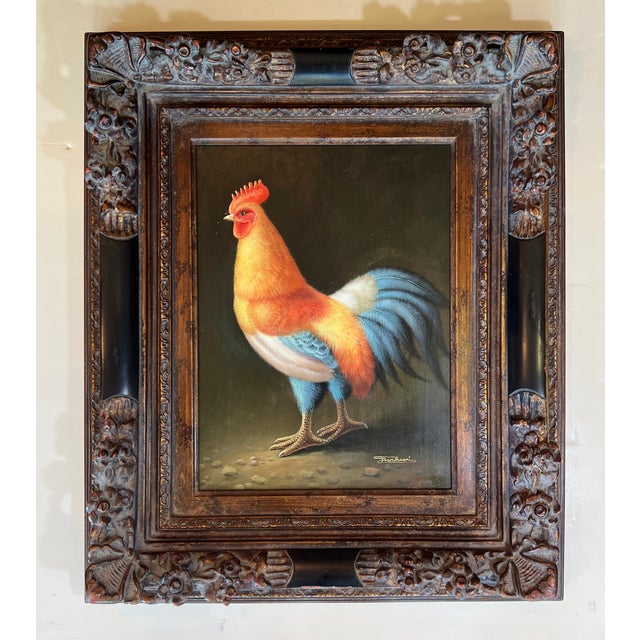 1950s Mid Century Rooster Oil Painting With Spanish Baroque Style Frame For Sale - Image 4 of 18