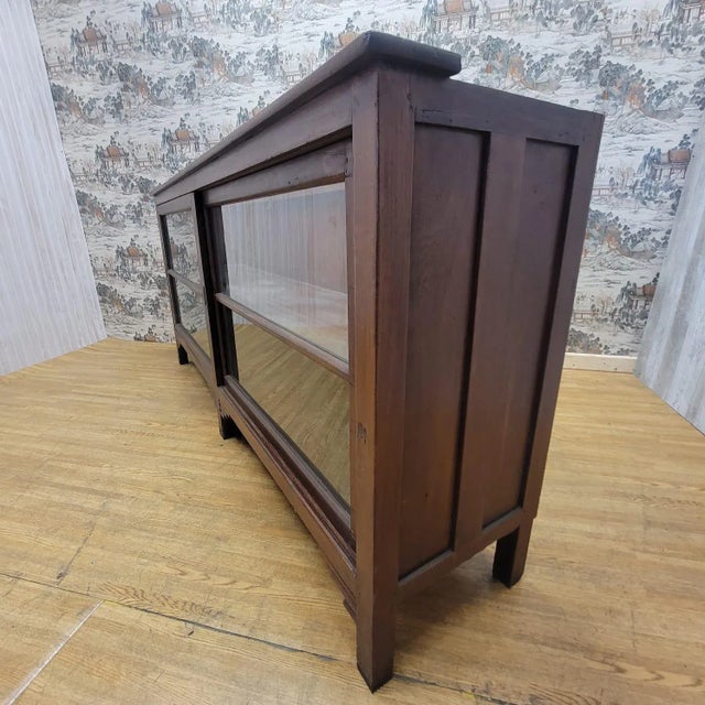 Modern Vintage Teakwood Low Bookcase Display Cabinet With Sliding Glass Doors For Sale - Image 3 of 11