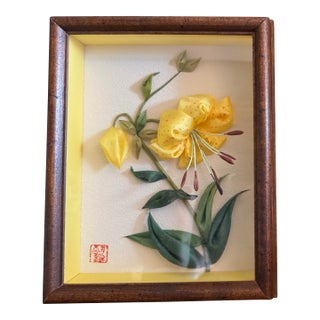 Vintage Japanese 3d Silk Ribbon Floral Shadowbox Small Wall Art Framed Yellow Lily Botanical For Sale