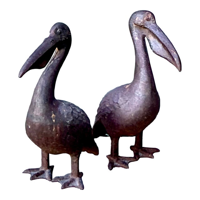 Vintage Boho Patinated Wrought Iron Pelicans - Set of 2 For Sale