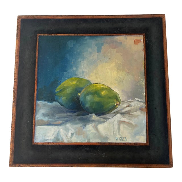 Whitney Kreb Original Oil Still Life – “Limes on White Cloth” | Nantucket Artist, Hand-Painted Faux Mat on Board For Sale