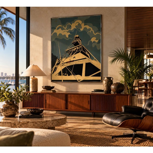 Striking 1980 Mid-Century Modern maritime painting by Florilore, featuring the dramatic upward perspective of a sport...