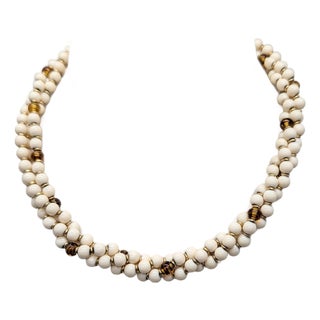 Vintage 1980s Signed Napier Beaded Faux-Ivory & Tiger's Eye Torsade Necklace For Sale