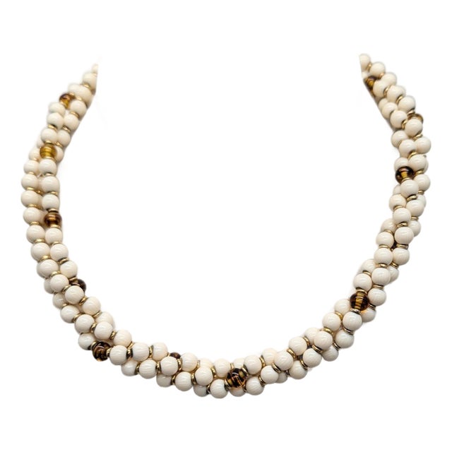 Vintage 1980s Signed Napier Beaded Faux-Ivory & Tiger's Eye Torsade Necklace For Sale