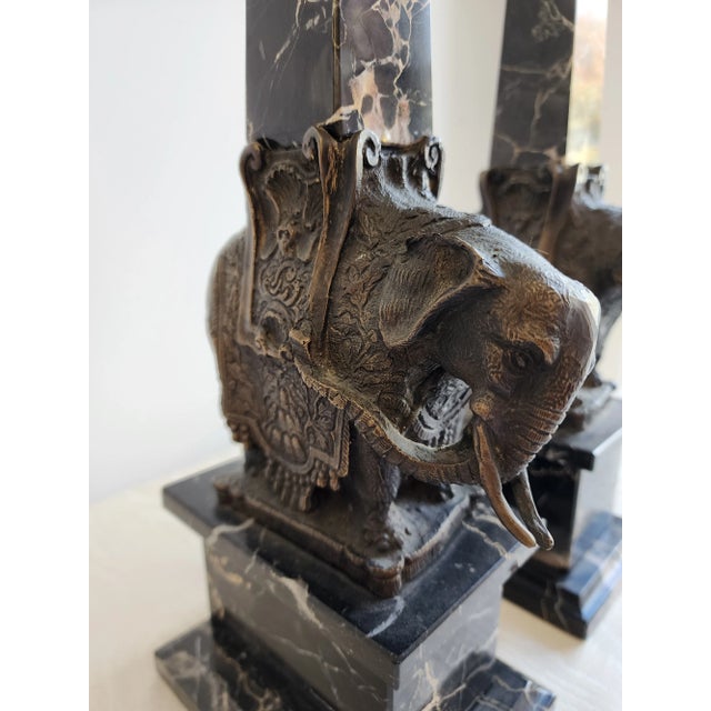Metal Pair of Antique Grand Tour Portero Marble Obelisks With Bernini Style Bronze Elephants For Sale - Image 7 of 15