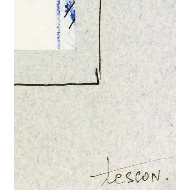 Abstract modern in ink with blue highlights by French artist Tesson, circa 1970. Signed lower right. Original artwork on...