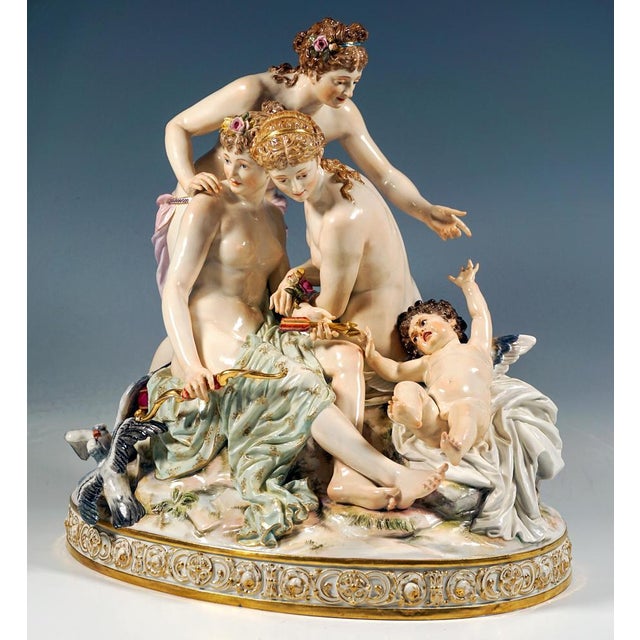 Very delicate meissen porcelain group of the late 19th century: three beautiful young women with artfully pinned-up hair...