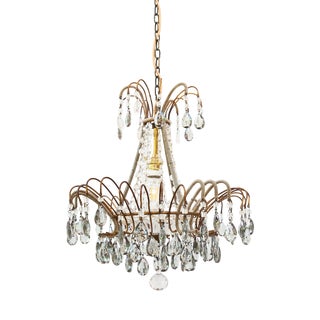 Antique Italian Gilt Metal Chandelier with Crystals, 1930 For Sale