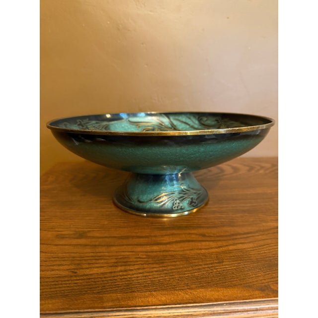 Mid 20th Century Israeli Enameled Brass Pedestal Bowl and Candlesticks With Grape Motif, Set of 3 For Sale - Image 13 of 18
