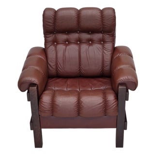 Scandinavian Armchair in Leather and Beech, 1970s For Sale