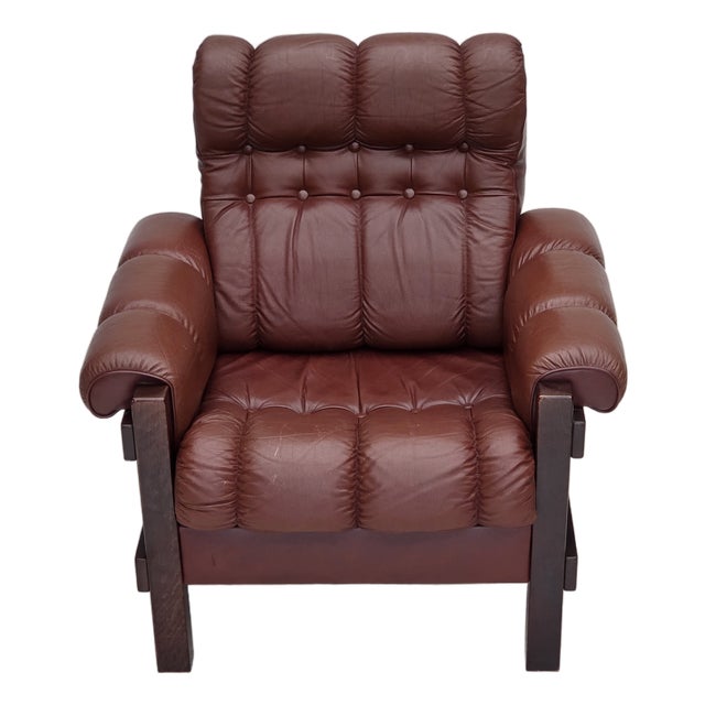 Scandinavian Armchair in Leather and Beech, 1970s For Sale