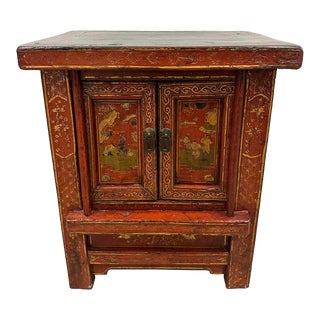 Chinese Late Qing Dynasty Bedside Wooden Cabinet With Period Painting Art Works For Sale