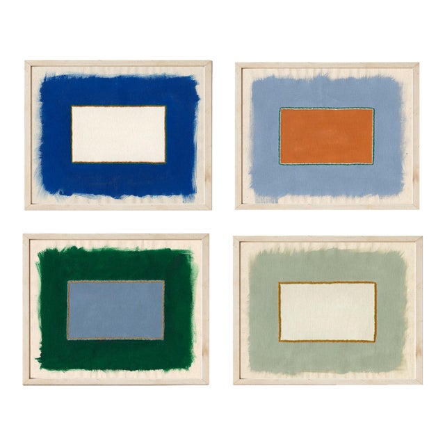 Neutral Abstract Geometric Art Prints in Green and Blue, 30 X 38 Prints in Wood Frames, Set of 4 For Sale