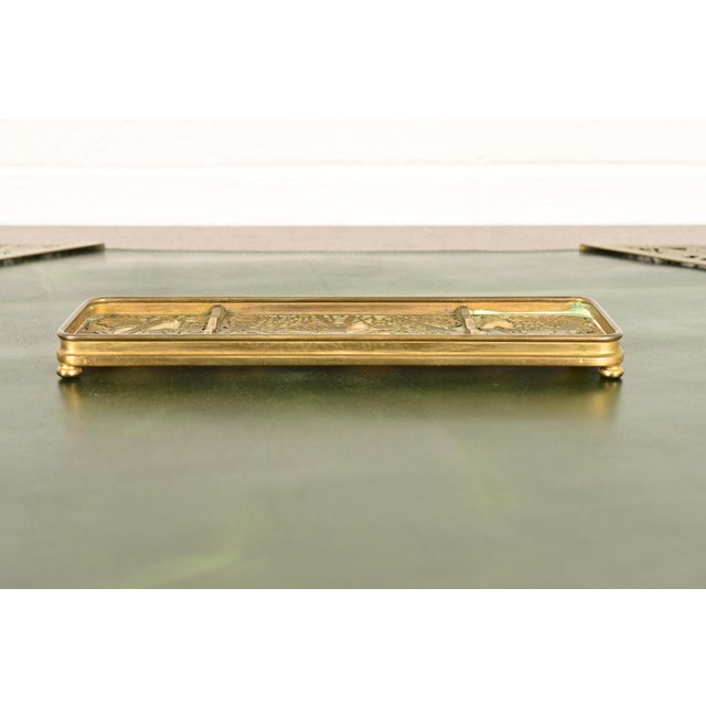 A gorgeous antique Arts & Crafts or Art Deco period "Grapevine" pattern gilt bronze and Favrile slag glass pen tray or...