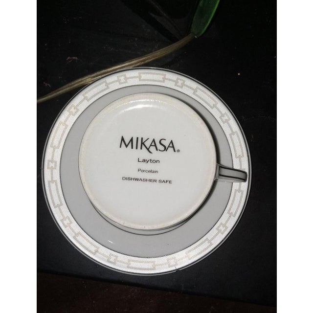 2020s Mikasa Platinum Crown Tea Cup Saucer Set Silver Squares Porcelain Tableware Dishwasher Safe For Sale - Image 5 of 5
