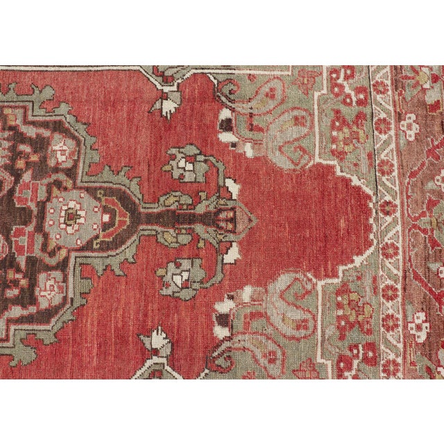 Antique Turkish Oushak Rug With Medallion in Soft Red, Light Green & Brown For Sale - Image 13 of 16