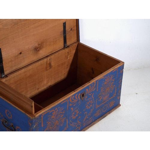 Antique Folk Art Blue Wooden Trunk For Sale - Image 4 of 12