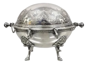 Antique English Edwardian Small Silver Plated Revolving Lid Butter Dish Server