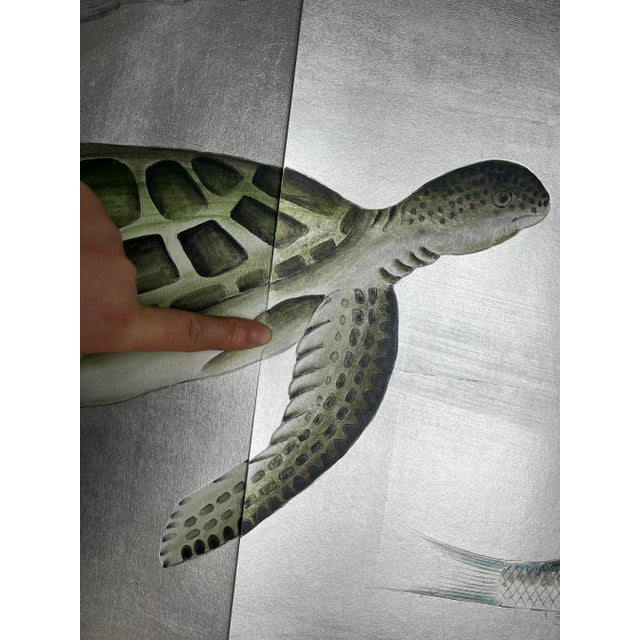 Metal Hand Painted Coral Fish Wallpaper on Antiqued Silver Metallic Panel - Set of 4 For Sale - Image 7 of 10