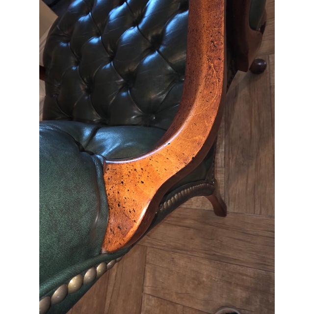 English Vintage Fully Tufted Green Leather Gooseneck Chair For Sale - Image 3 of 9