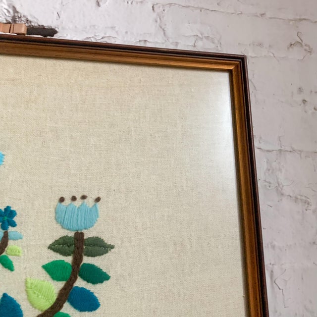 Wood Large Vintage Blue Tulip Tree of Life Crewel Embroidery Bird Butterfly MCM Danish Modern For Sale - Image 7 of 8
