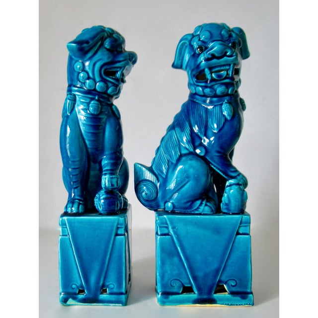 Vintage. C.1935-50's (Japan) Ceramic Porcelain Cerulean Blue Glazed Foo Dogs - Pair For Sale In West Palm - Image 6 of 18