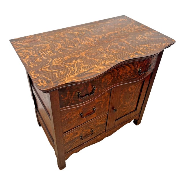 19th Century Victorian Tiger Oak Credenza / Side Cabinet With Serpentine Front For Sale