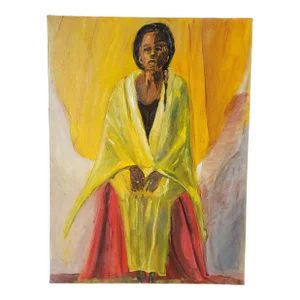 1990s Portrait of "Woman Draped in Yellow" Expressionist Oil Painting by Rosemary Rabut