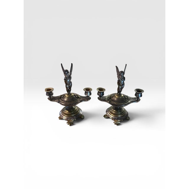 1910s Pair of Antique Victorian Silver Plate Cherub Two-Light Candlesticks For Sale - Image 5 of 12