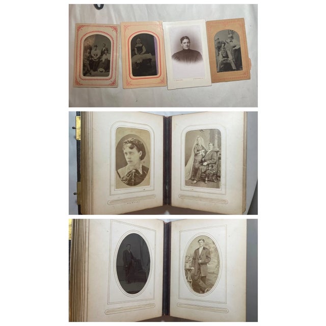 Antique 1800's Handmade Inlaid Marquetry Wood Brass Photo Album W/ Photographs For Sale - Image 9 of 12