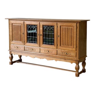 Henning Kjærnulf Oak Sideboard Credenza With Leaded Glass Doors by Henning Mid-Century Modern 1960s For Sale